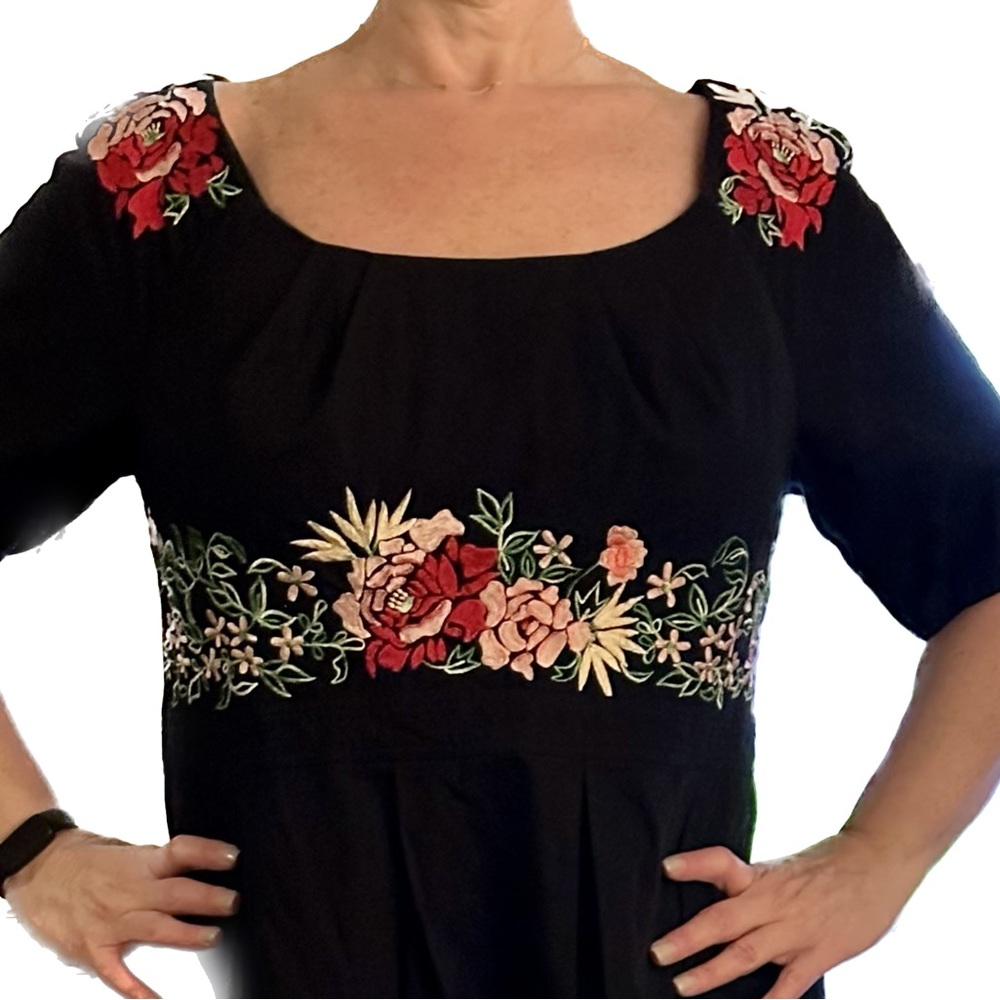 eShakti Black Dress with floral embroidery front and back 2X 20W